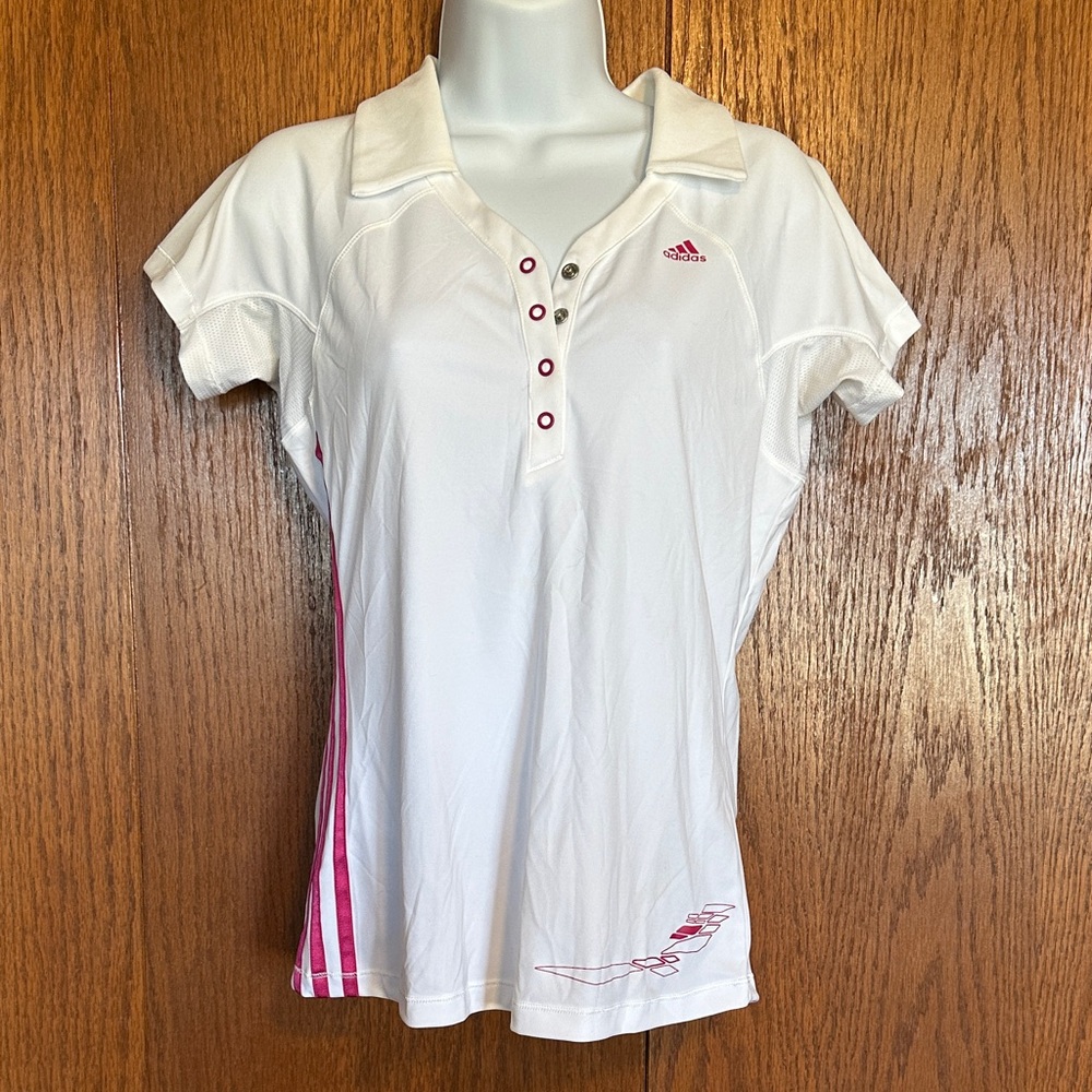 adidas White golf Polo Shirt with Pink Stripe Accents